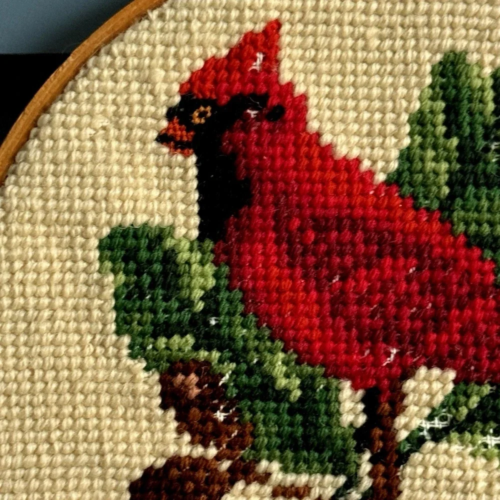Vintage Cardinal Needlepoint Wall Art 8in‎ Embroidery Hoop Framed Remembrance